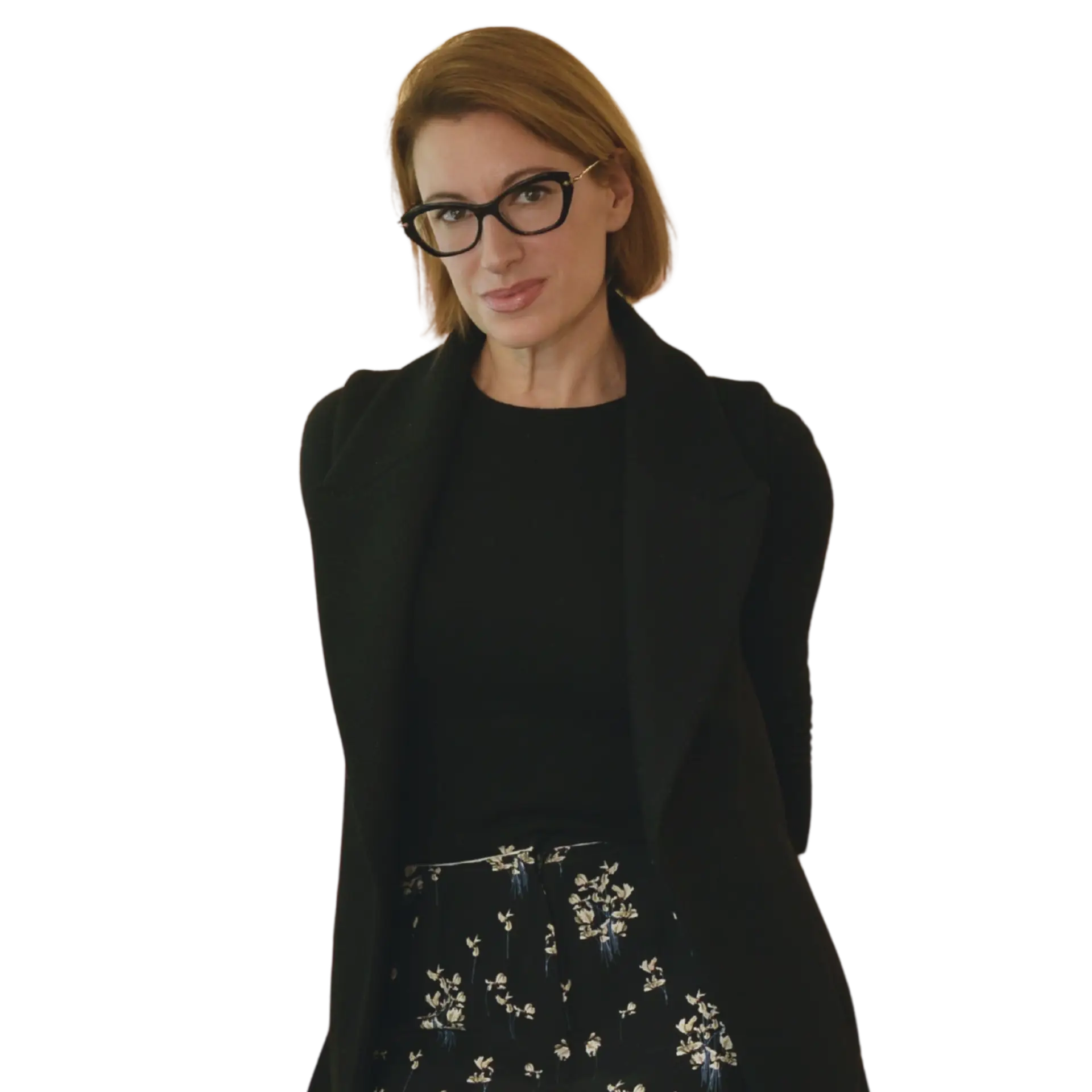 Cutout of Robyn Hagan Cain, a brunette woman with a bob haircut and tortoise shell glasses